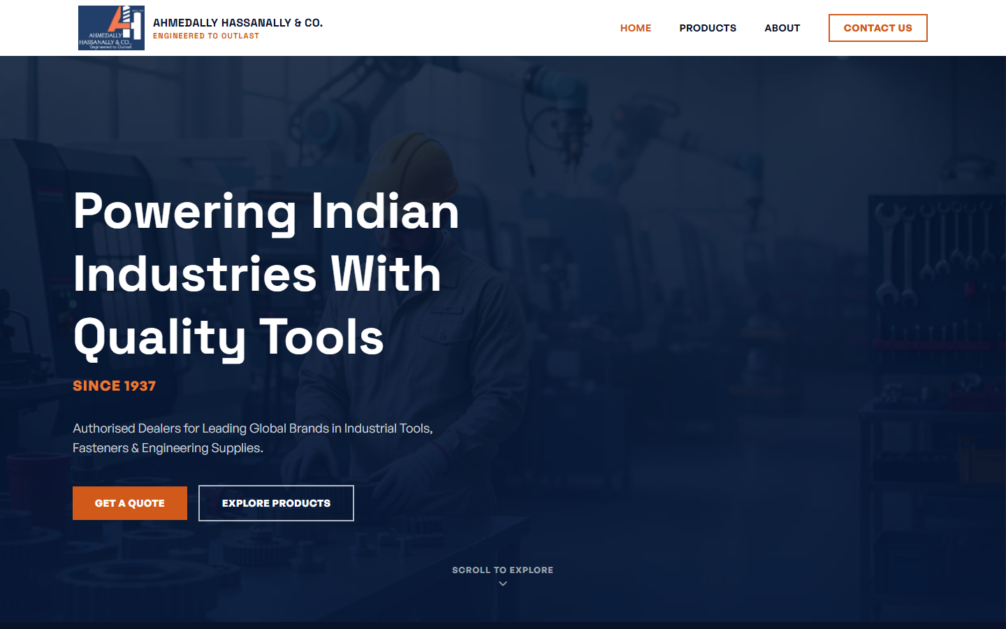 Ahmedally Hassanally & Co. homepage — an industrial tools and fasteners dealer site, showing the hero banner and primary navigation.