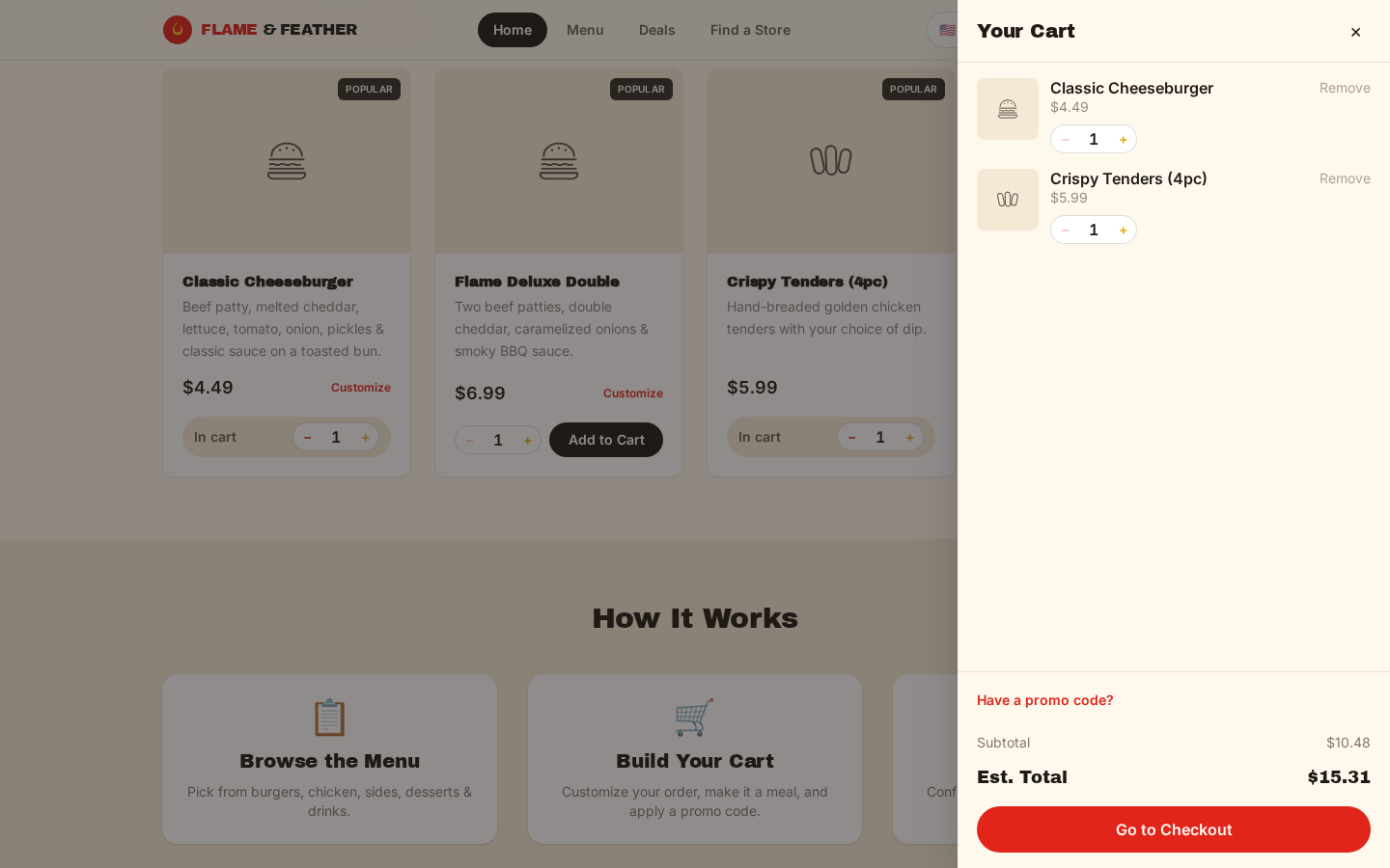 Flame & Feather ordering demo with the cart drawer open, showing items that are also marked 'In cart' on the menu grid behind it.