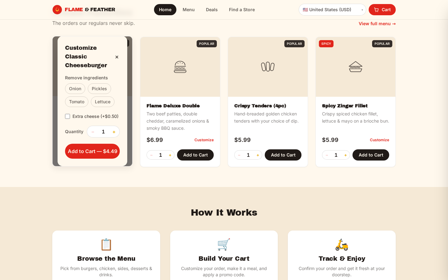 Menu card expanded into a customization panel showing ingredient toggles, an extra-cheese add-on, quantity stepper, and a live-updating price on the Add to Cart button.