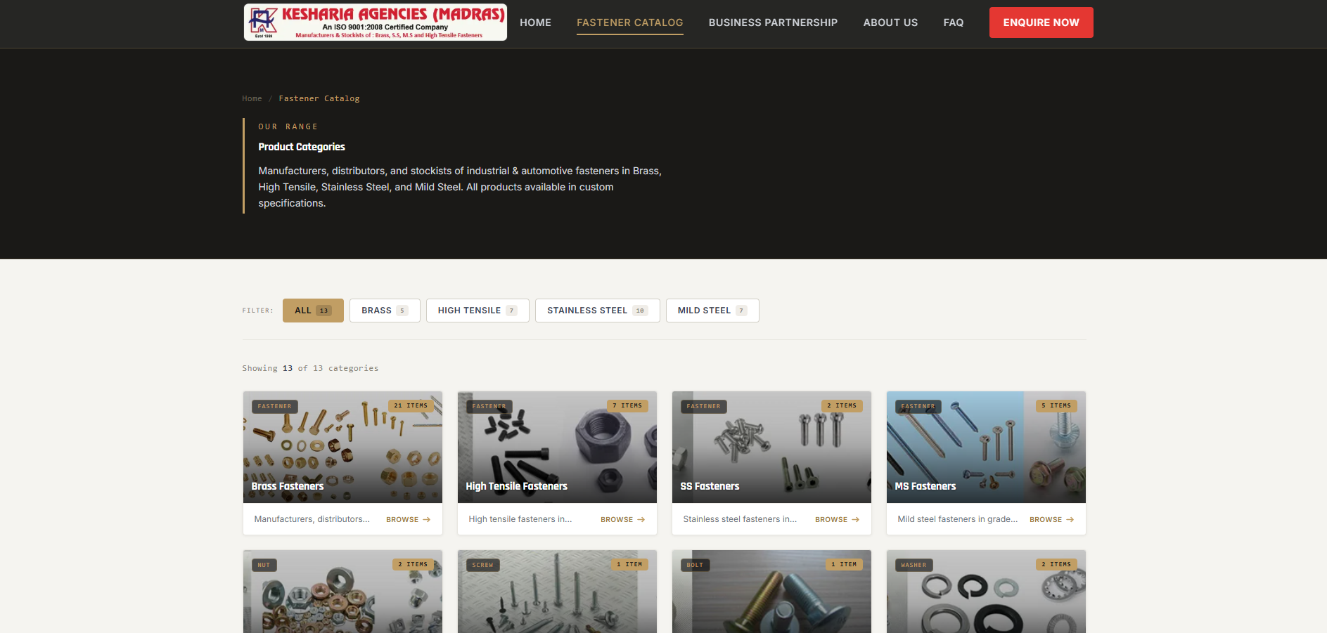 Fastener catalog page showing category filters and a grid of 13 product categories.