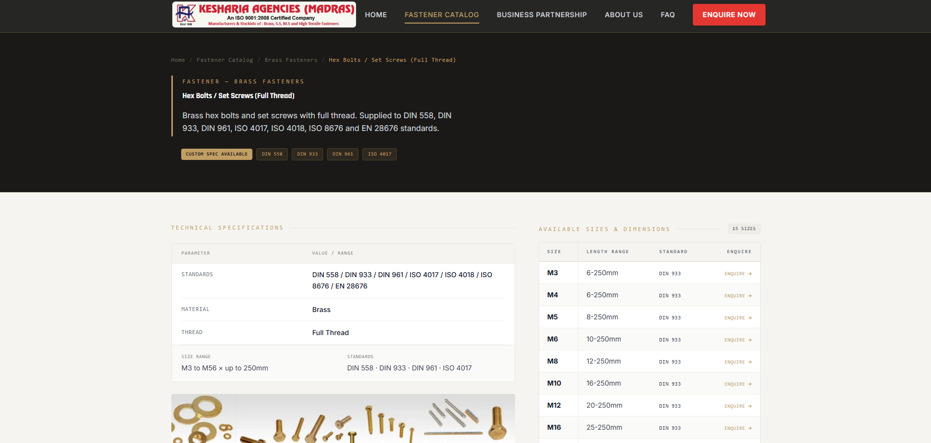 Individual product page for Hex Bolts / Set Screws showing technical specifications and available sizes.